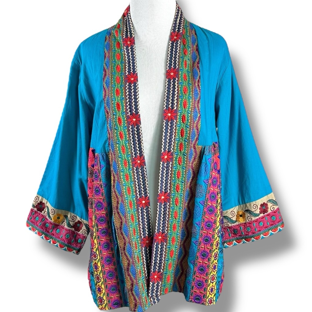 Soft Surroundings Bohemian Azure Embroidered Open Front Jacket Cardigan Medium